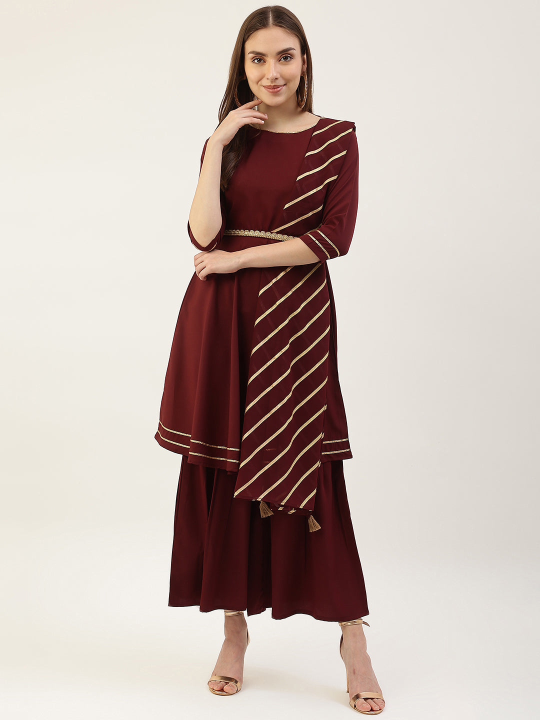 Women Striped Empire Kurti with Sharara & With Dupatta