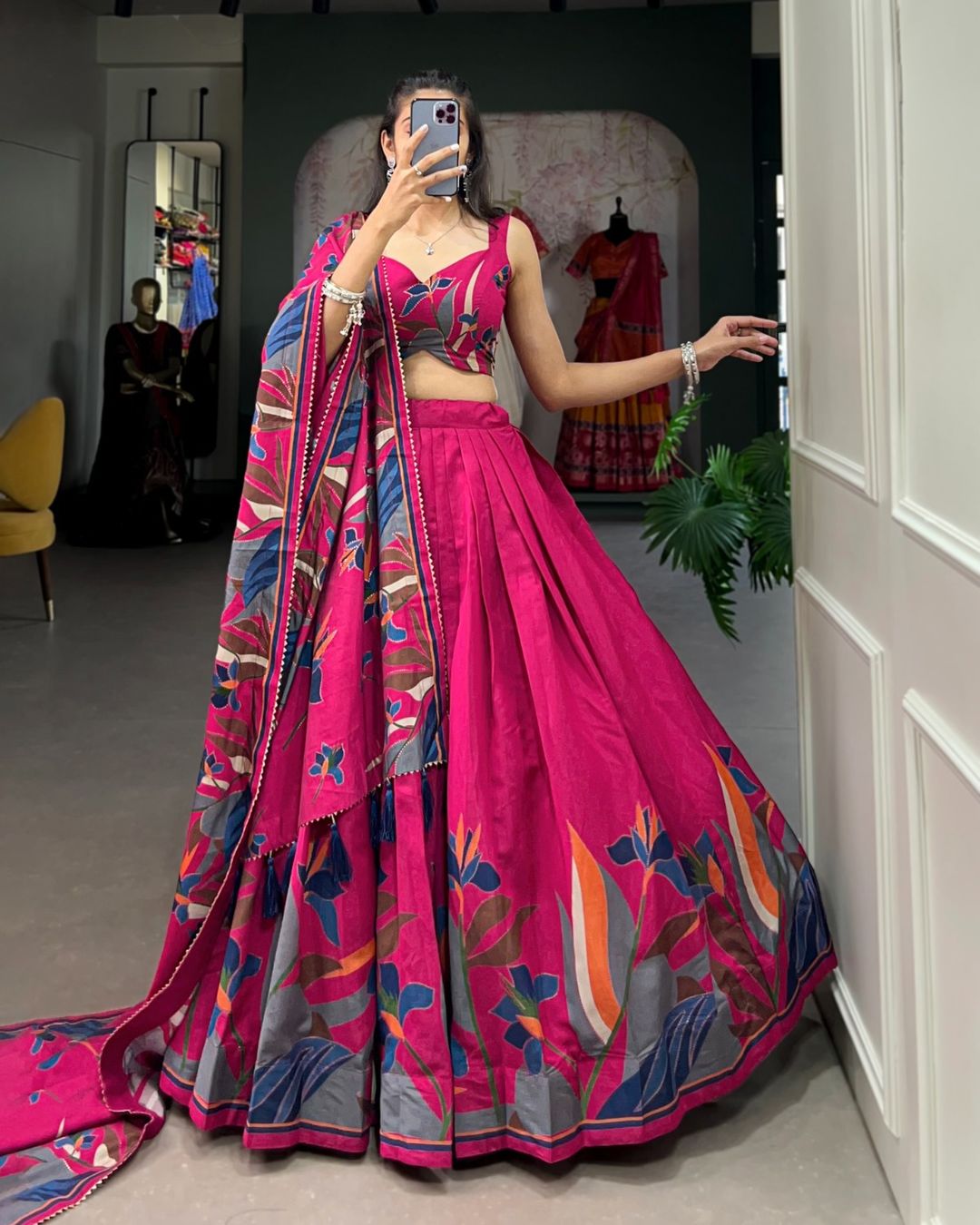 Floral Fantasy Polyester Viscose Chanderi Lehenga