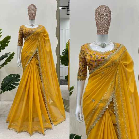 Beautiful Tibby Silk Designer Yellow Saree