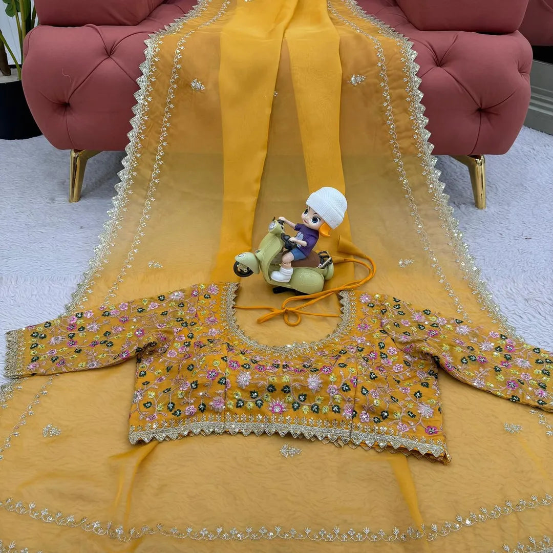 Beautiful Tibby Silk Designer Yellow Saree