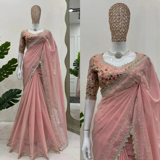 Beautiful Tibby Silk Designer Pink Saree