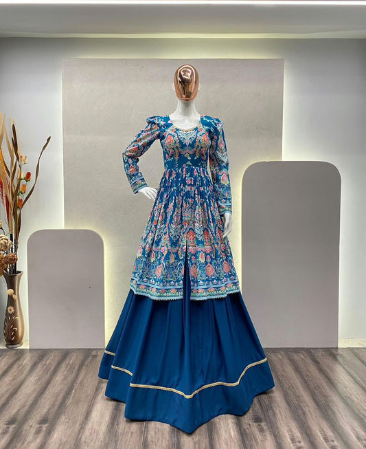 NAVRATRI BEUTIQUE STYLES RAYON PRINTED BLUE COLOUR LEHENGA