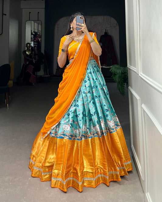 Pichwai Print With Zari Weaving Border Orange lehenga choli