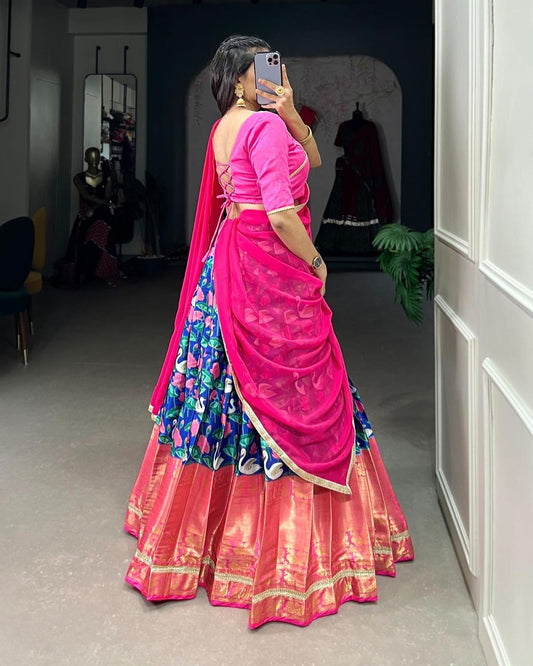 Pichwai Print With Zari Weaving Border Pink lehenga choli