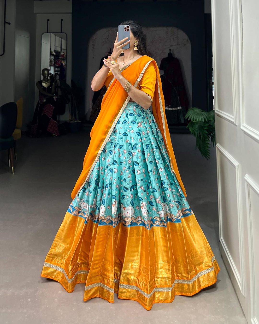 Pichwai Print With Zari Weaving Border Orange lehenga choli