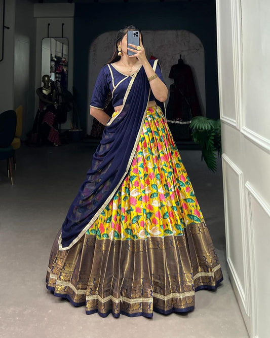 Pichwai Print With Zari Weaving Border Blue lehenga choli