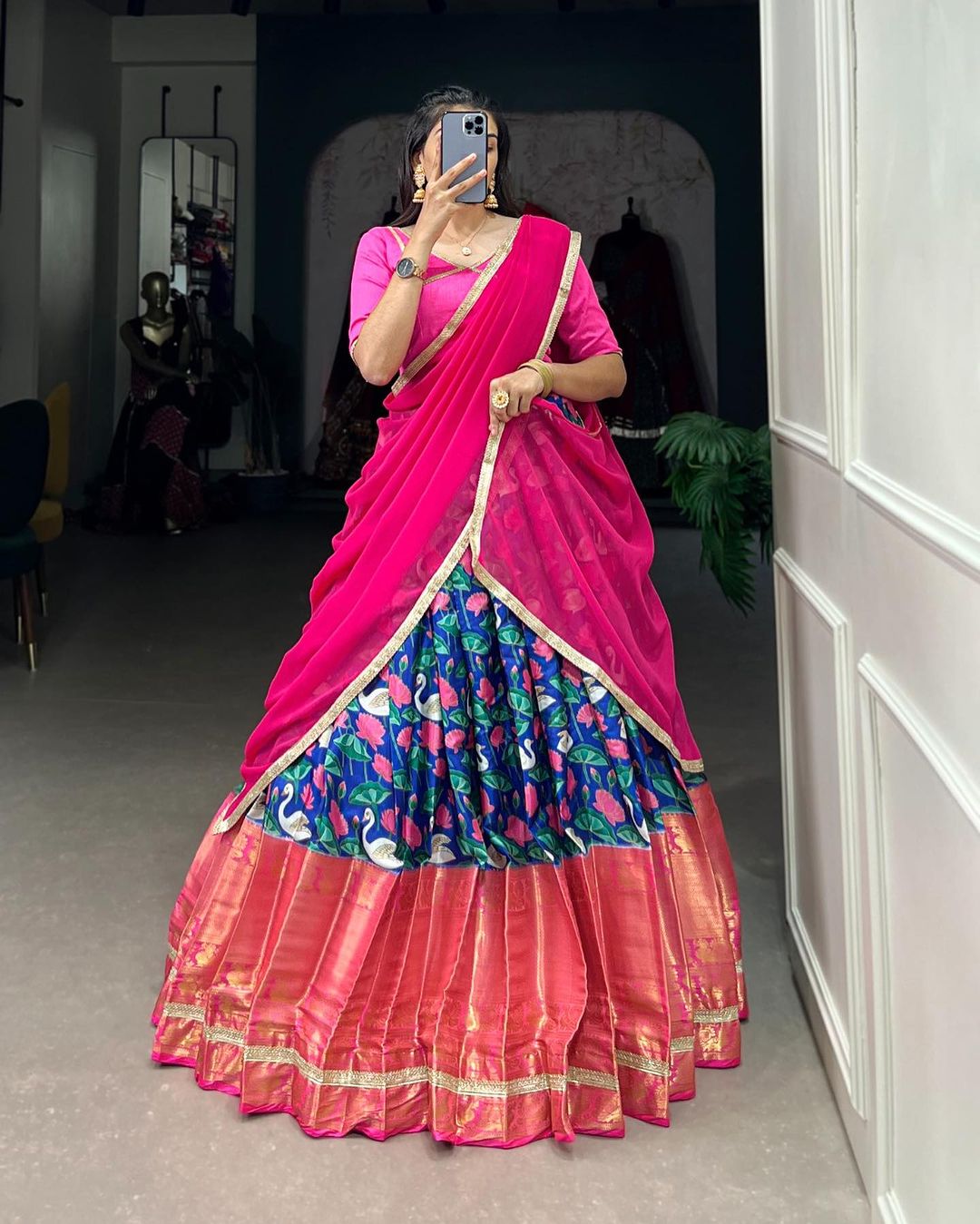 Pichwai Print With Zari Weaving Border Pink lehenga choli