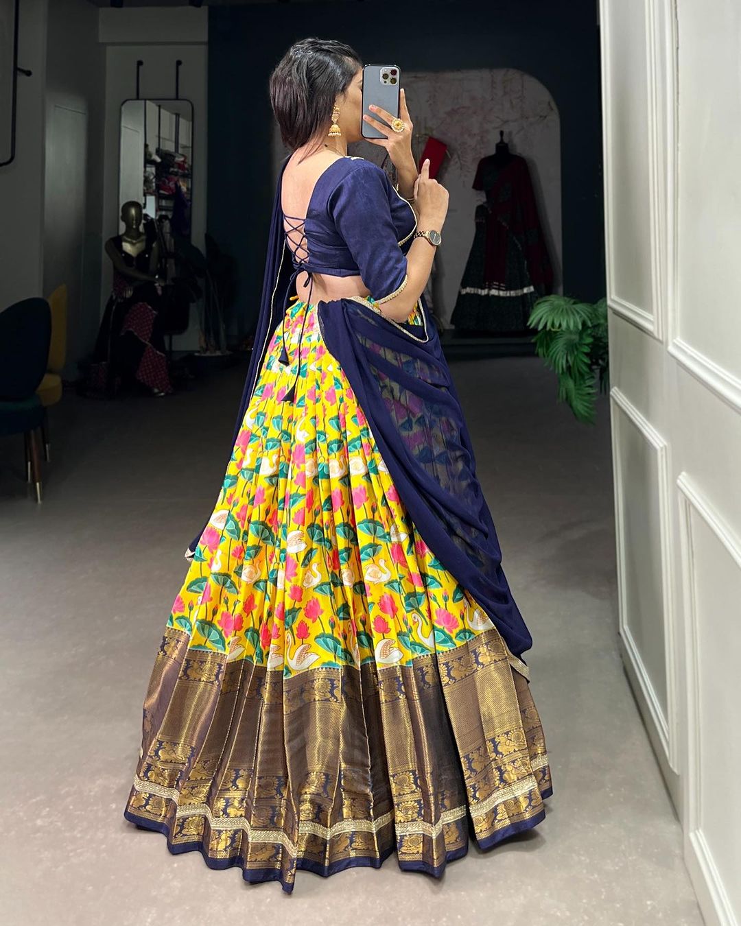 Pichwai Print With Zari Weaving Border Blue lehenga choli