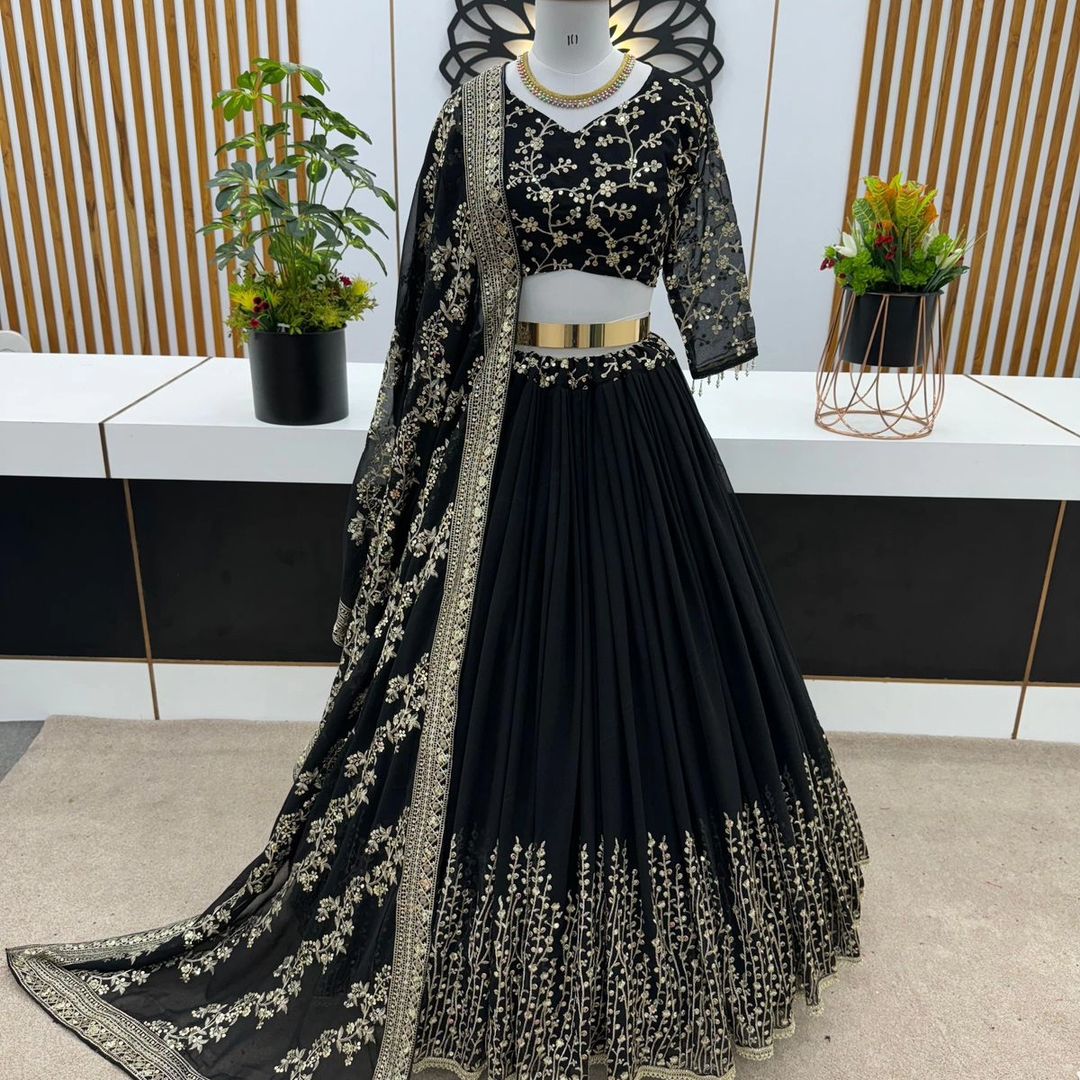 New Wedding Collection Faux Georgette With Heavy Embroidery Sequence Work Black Lehenga Choli