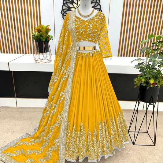 New Wedding Collection Faux Georgette With Heavy Embroidery Sequence Work Yellow Lehenga Choli