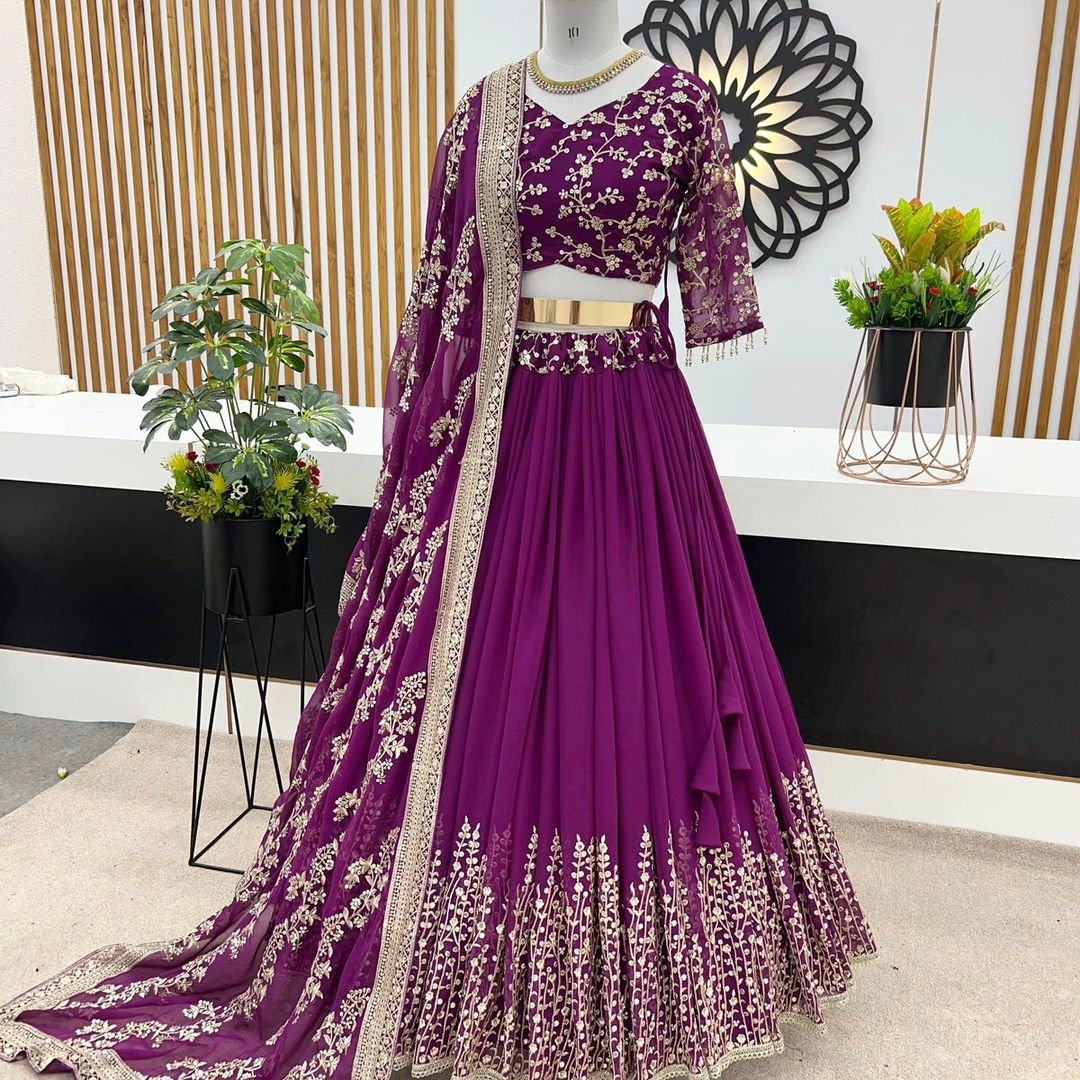 New Wedding Collection Faux Georgette With Heavy Embroidery Sequence Work Purple Lehenga Choli