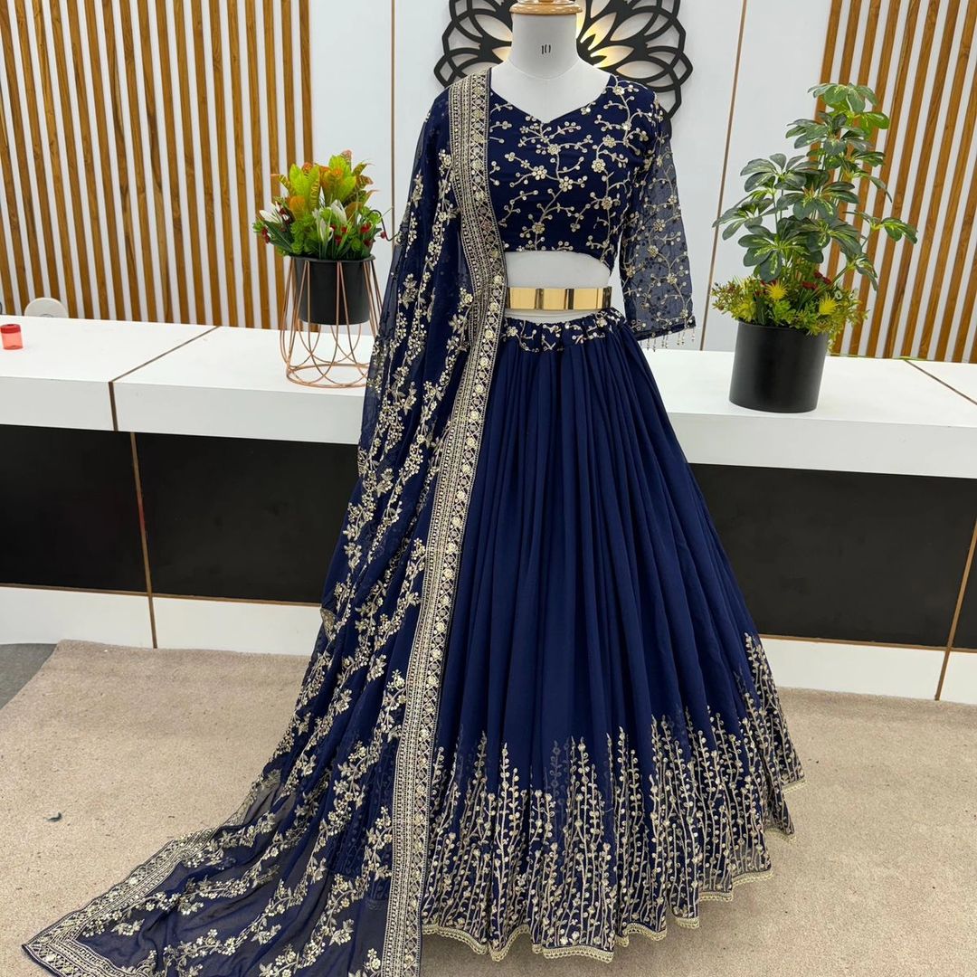 New Wedding Collection Faux Georgette With Heavy Embroidery Sequence Work Blue Lehenga Choli