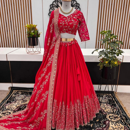 New Wedding Collection Faux Georgette With Heavy Embroidery Sequence Work Red Lehenga Choli