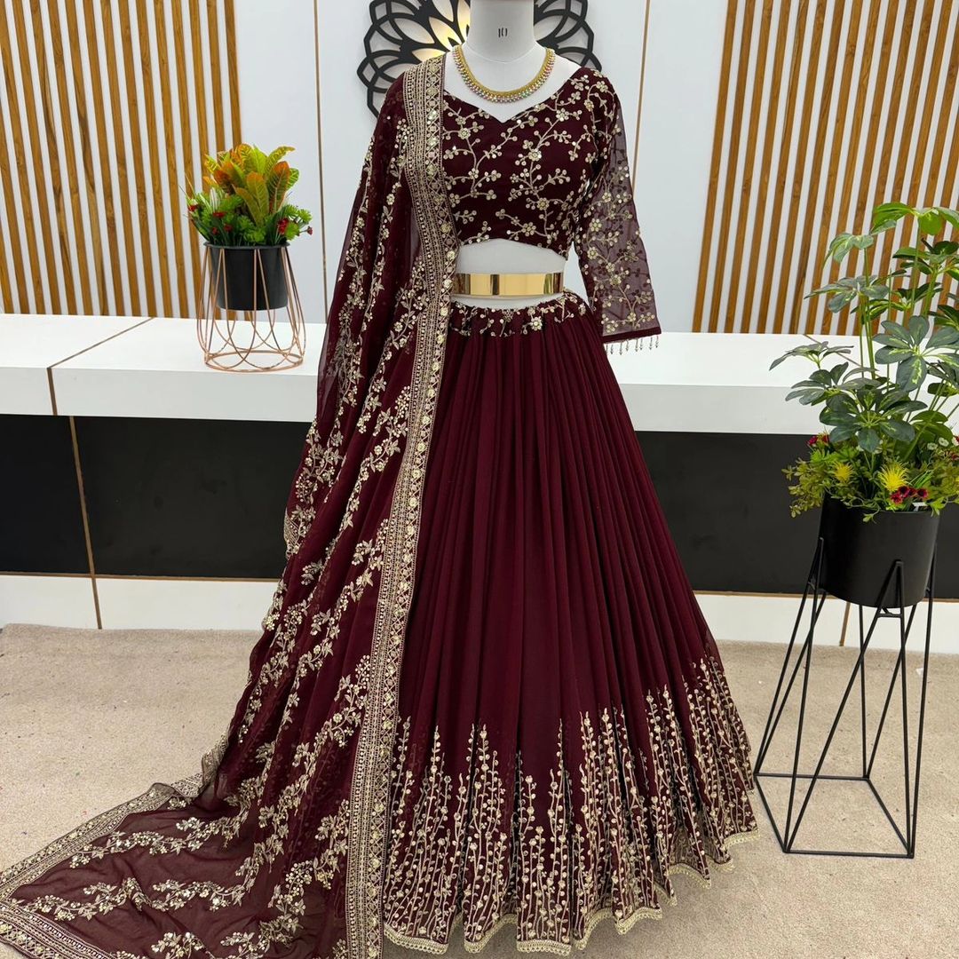 New Wedding Collection Faux Georgette With Heavy Embroidery Sequence Work Maroon Lehenga Choli