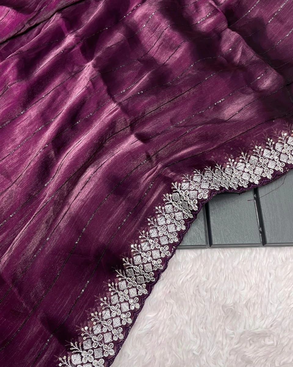 Dark Purple Zimmy Choo Sequence Saree With Beautiful Embroidery C-Pallu Work