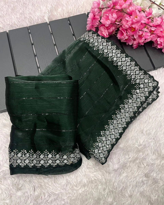 Green Zimmy Choo Sequence Saree With Beautiful Embroidery C-Pallu Work