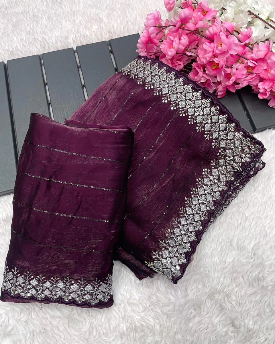 Dark Purple Zimmy Choo Sequence Saree With Beautiful Embroidery C-Pallu Work