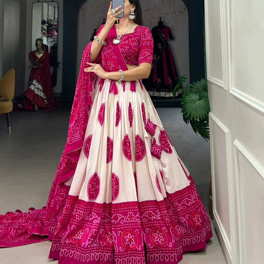 Pink Colour Tussar Lehenga Choli with Bandhej Print