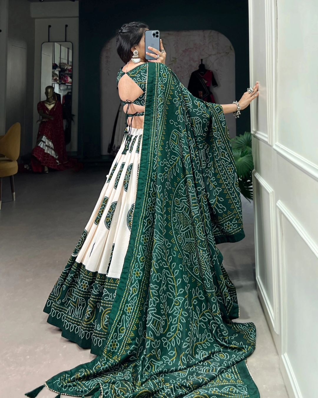 Green Colour Tussar Lehenga Choli with Bandhej Print