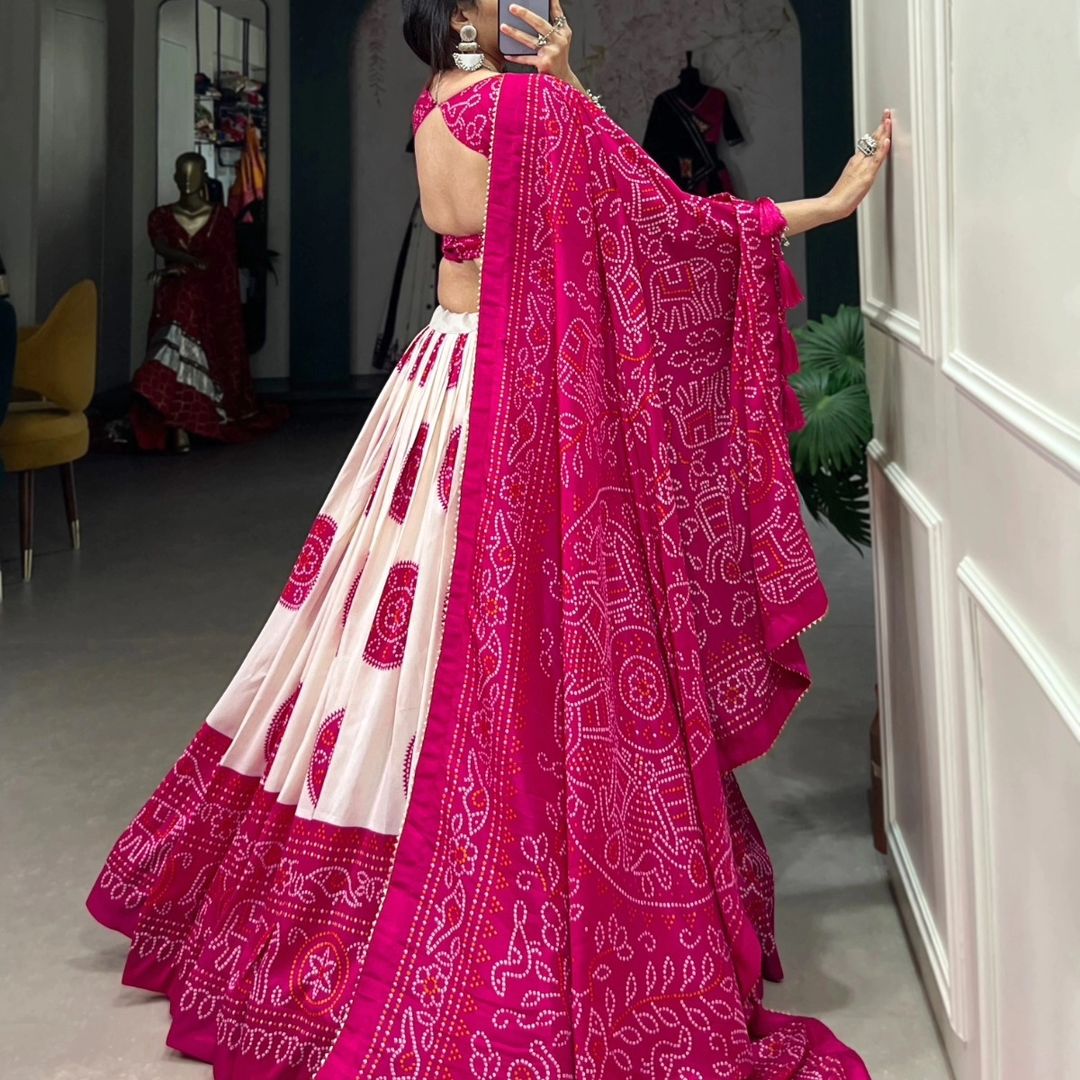 Pink Colour Tussar Lehenga Choli with Bandhej Print