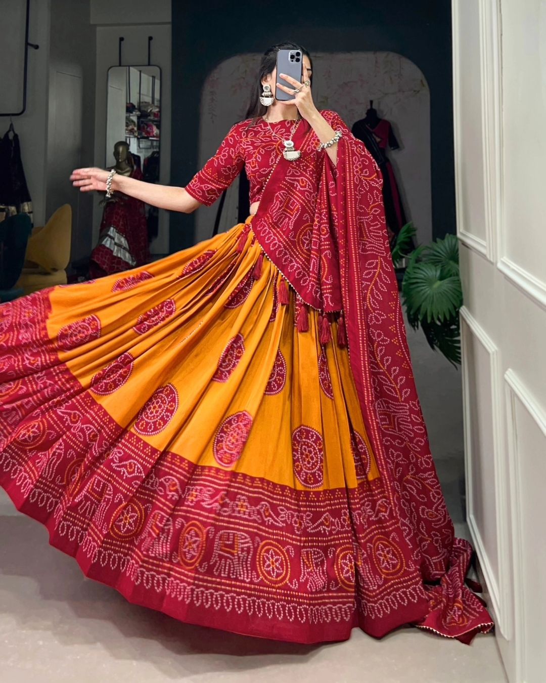 Red Colour Tussar Lehenga Choli with Bandhej Print