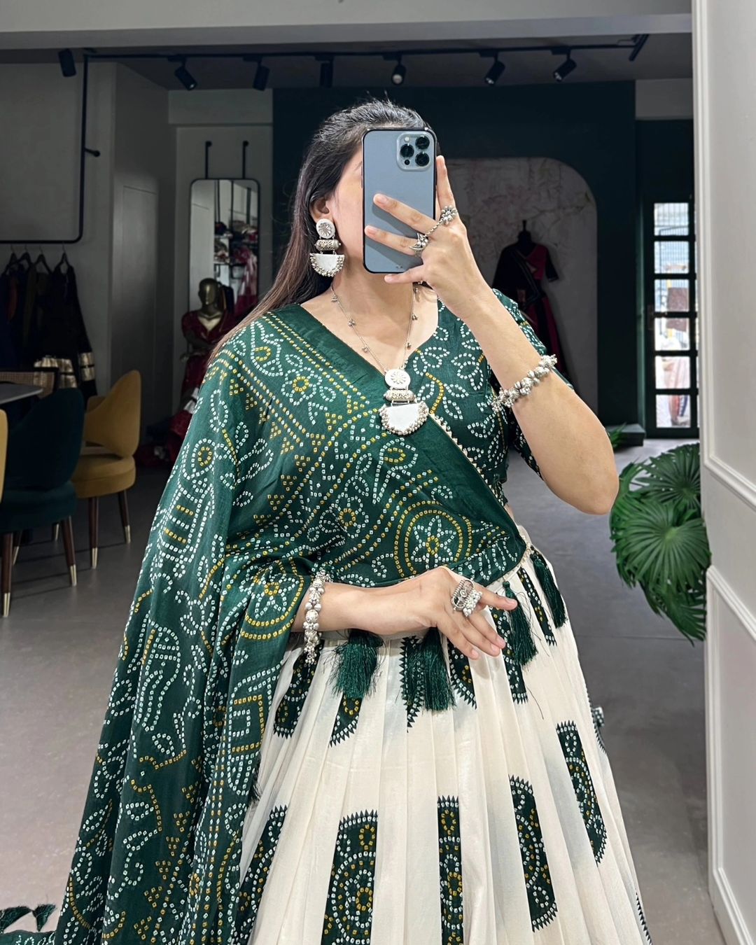 Green Colour Tussar Lehenga Choli with Bandhej Print