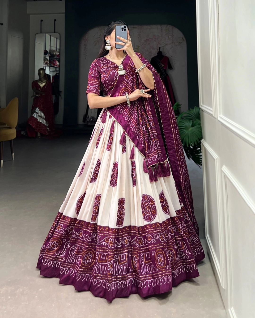 Maroon Colour Tussar Lehenga Choli with Bandhej Print