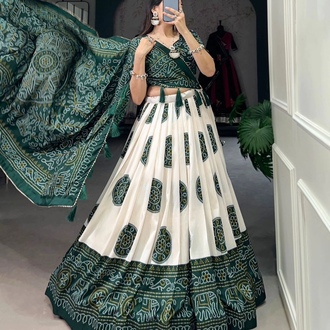 Green Colour Tussar Lehenga Choli with Bandhej Print