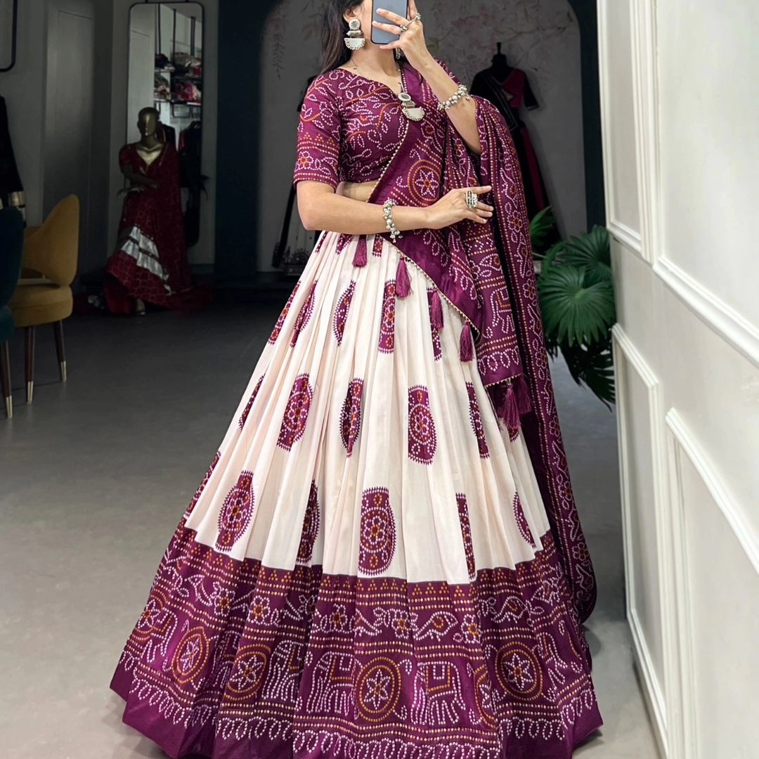 Maroon Colour Tussar Lehenga Choli with Bandhej Print