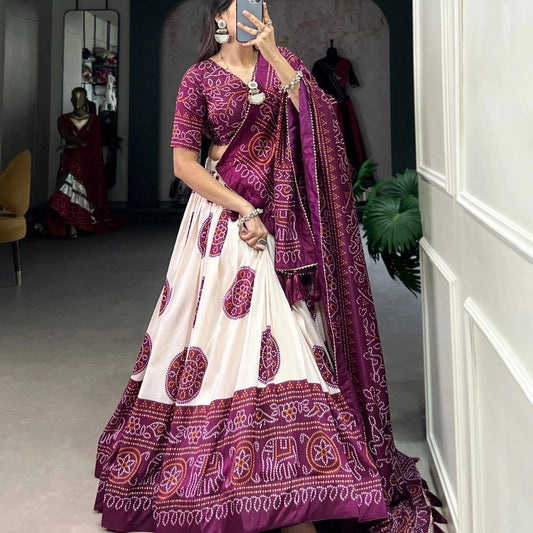 Maroon Colour Tussar Lehenga Choli with Bandhej Print