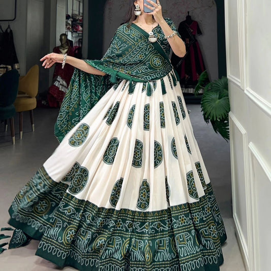 Green Colour Tussar Lehenga Choli with Bandhej Print