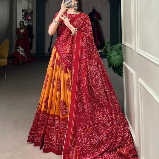 Red Colour Tussar Lehenga Choli with Bandhej Print