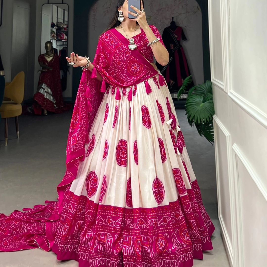 Pink Colour Tussar Lehenga Choli with Bandhej Print