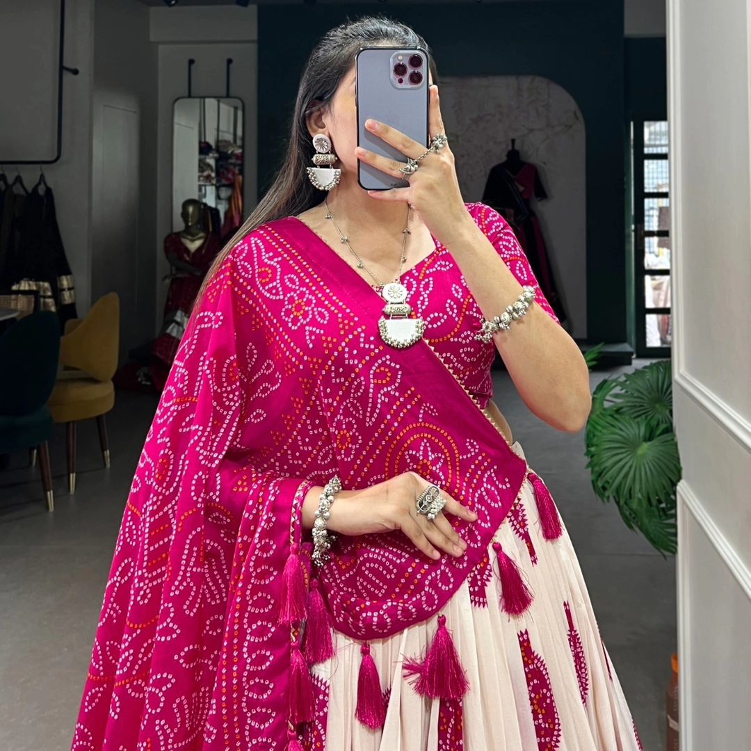 Pink Colour Tussar Lehenga Choli with Bandhej Print