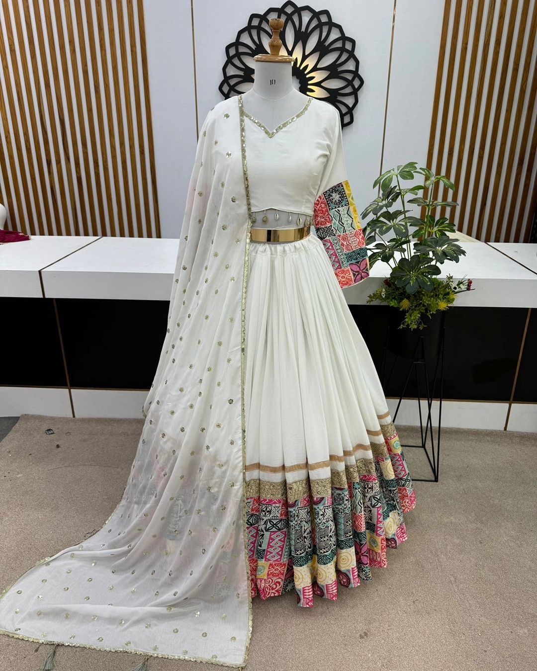 New White Wedding Collection Lehenga Choli With Digital Print and Embroidery Sequence Work and Diamond Handwork