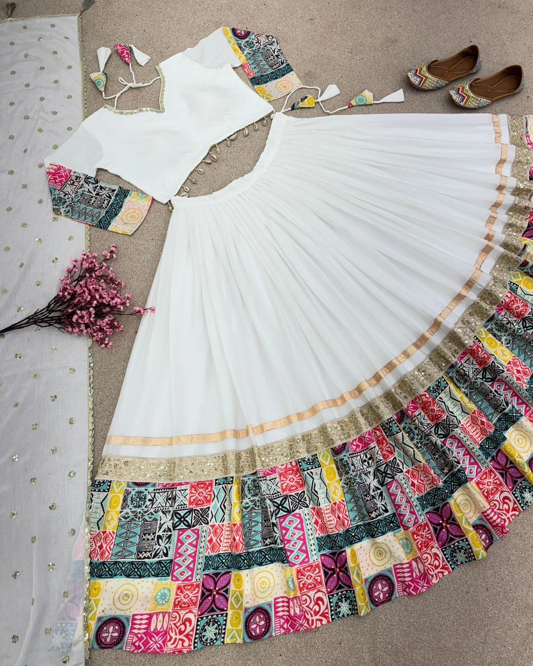 New White Wedding Collection Lehenga Choli With Digital Print and Embroidery Sequence Work and Diamond Handwork