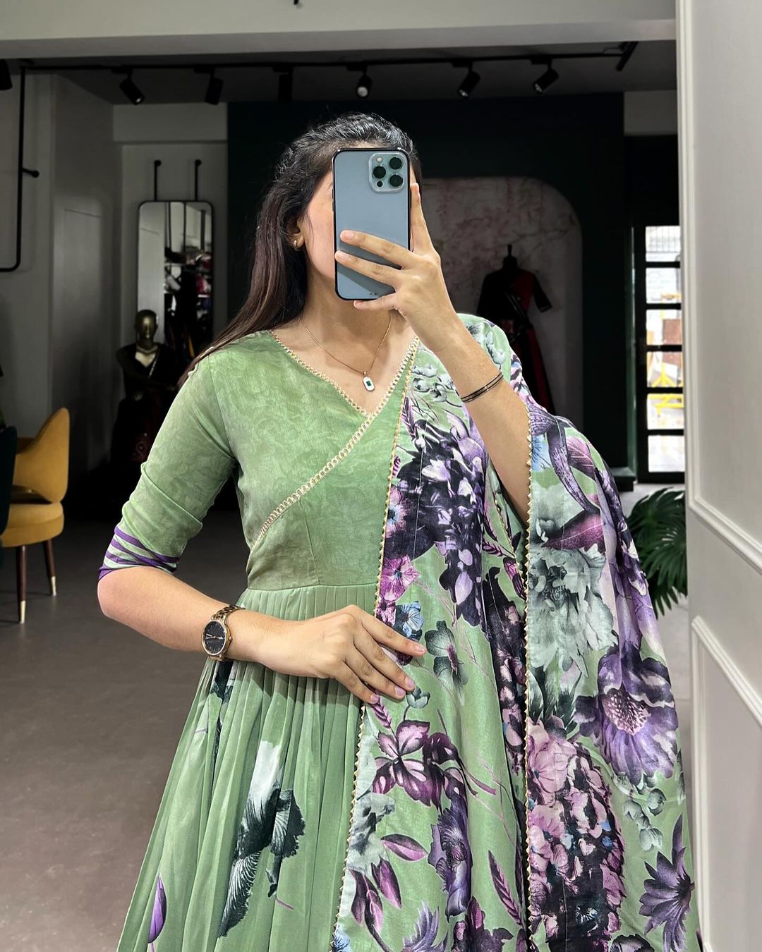 Green Tussar Silk Floral Print Gown