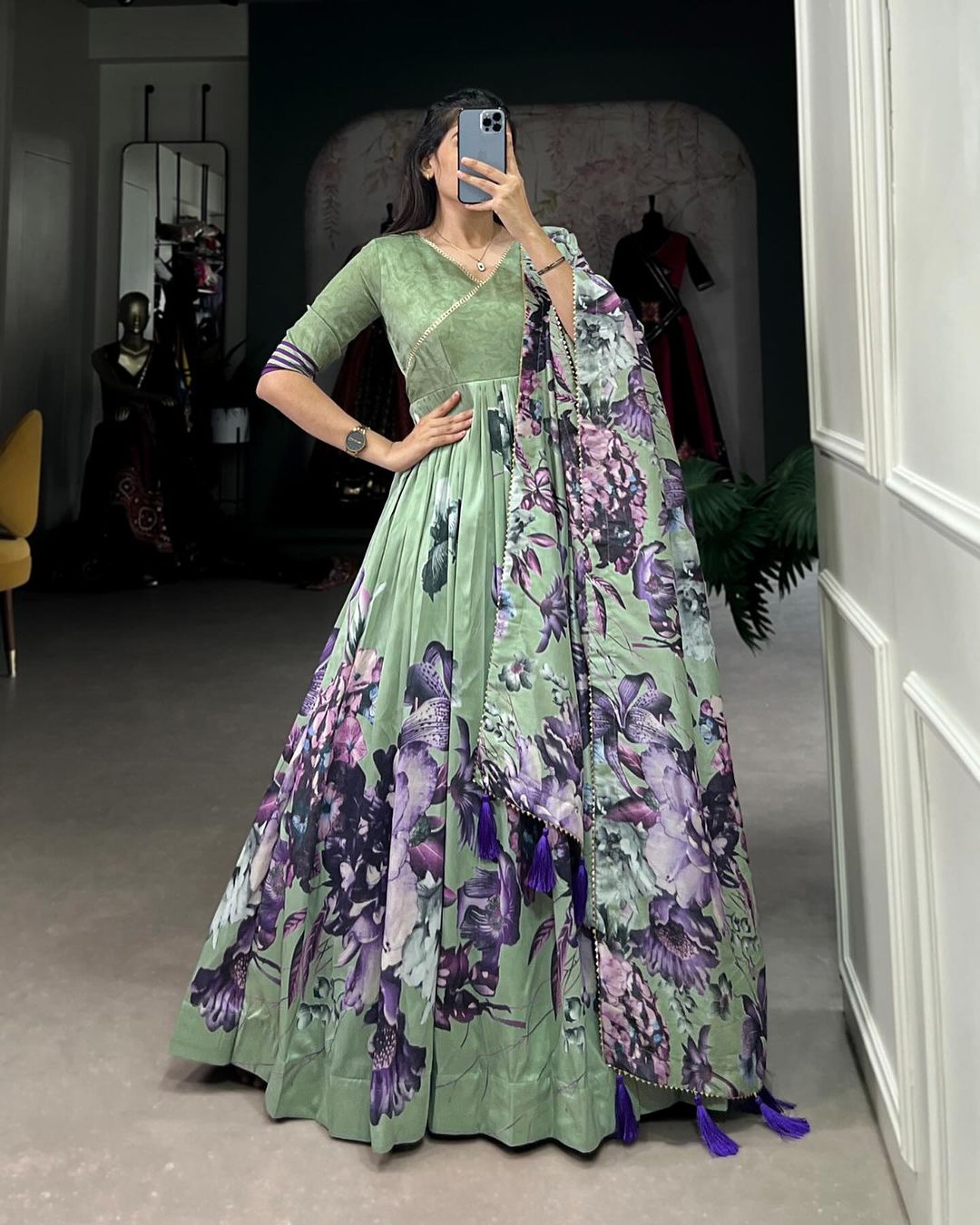 Green Tussar Silk Floral Print Gown