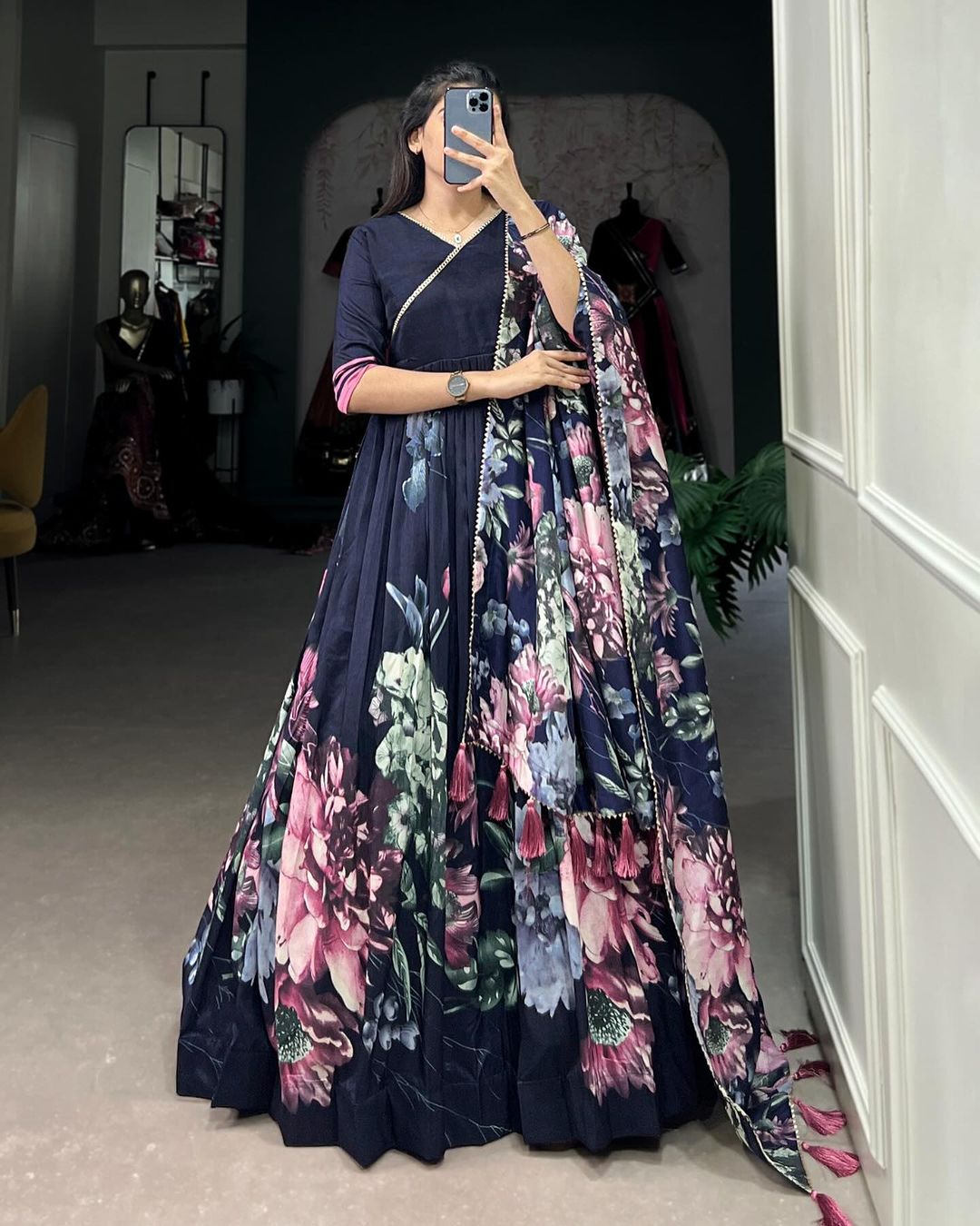 Blue Tussar Silk Floral Print Gown