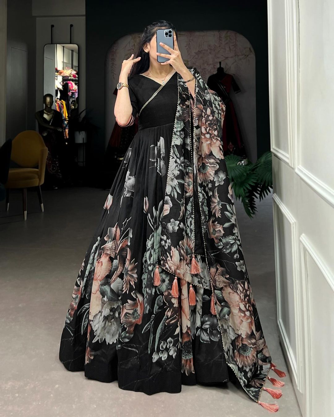 Black Tussar Silk Floral Print Gown