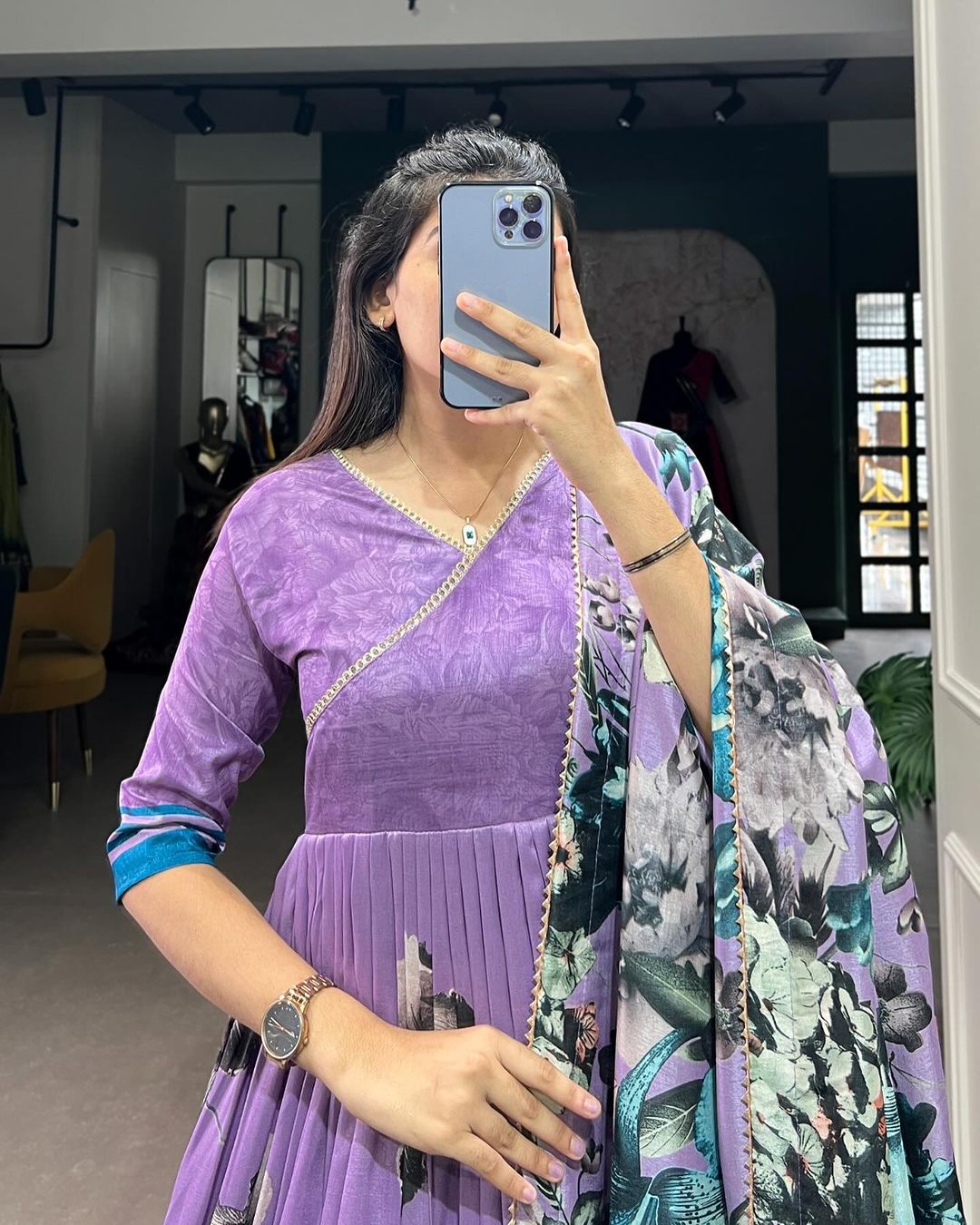 Purple Tussar Silk Floral Print Gown