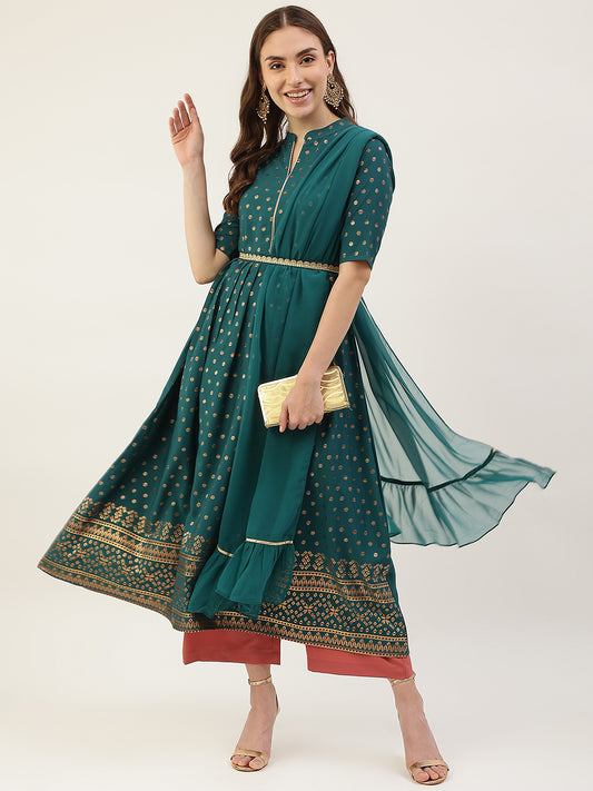 Women Ethnic Motifs Printed Crepe Anarkali Kurta With Dupatta & Belt