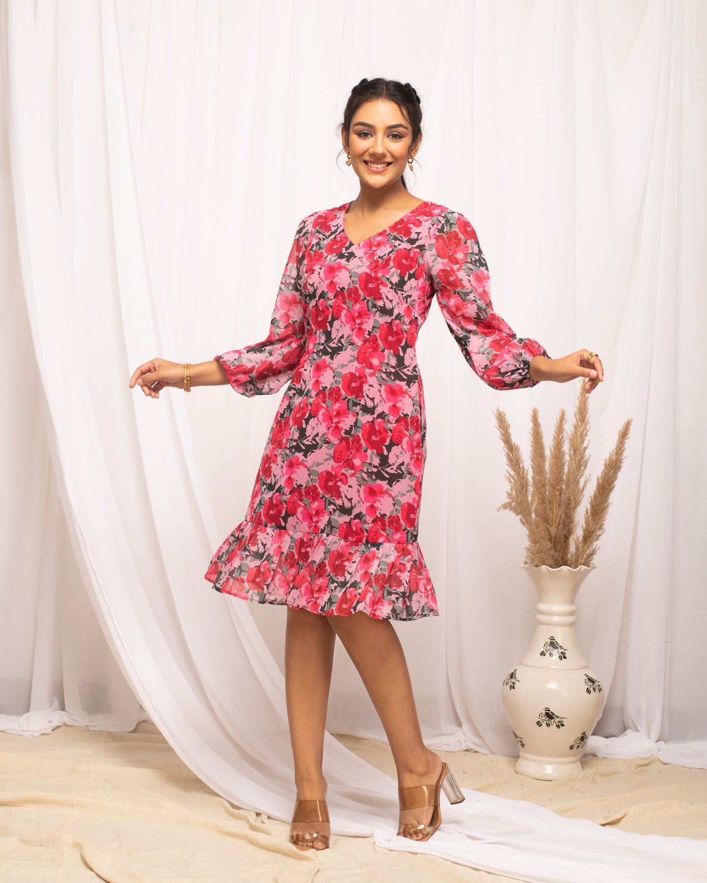 Floral Print Puff Sleeve Georgette Fit & Flare Dress