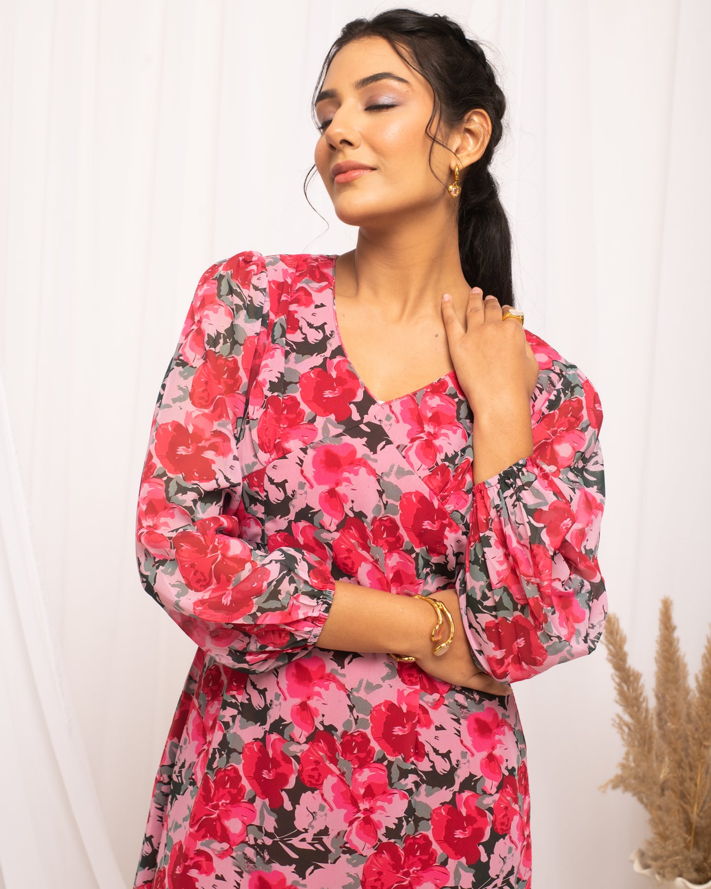 Floral Print Puff Sleeve Georgette Fit & Flare Dress