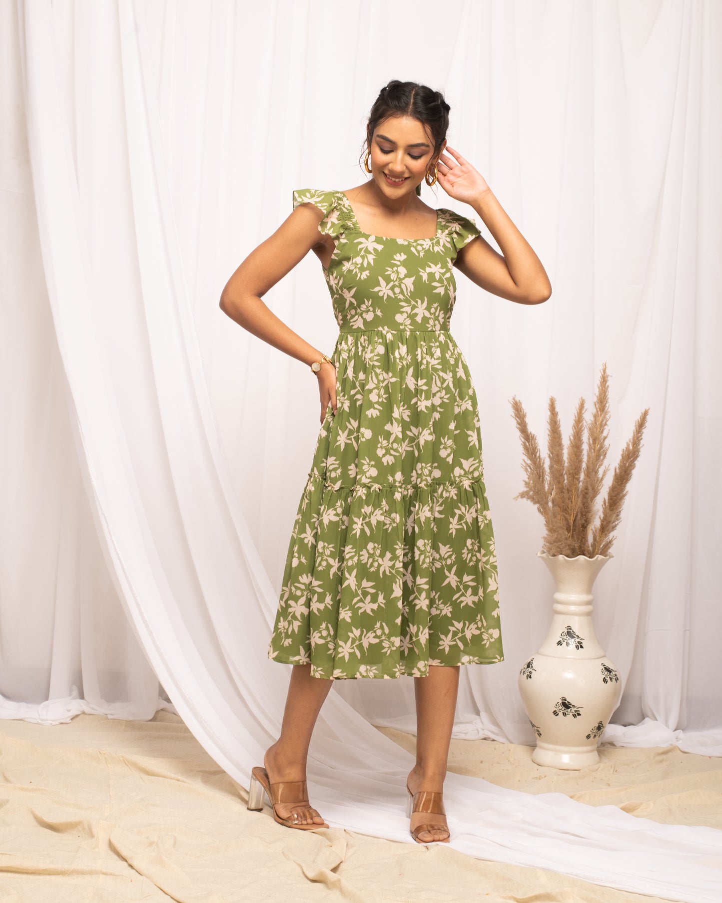 Floral Print Georgette Fit & Flare Midi Dress