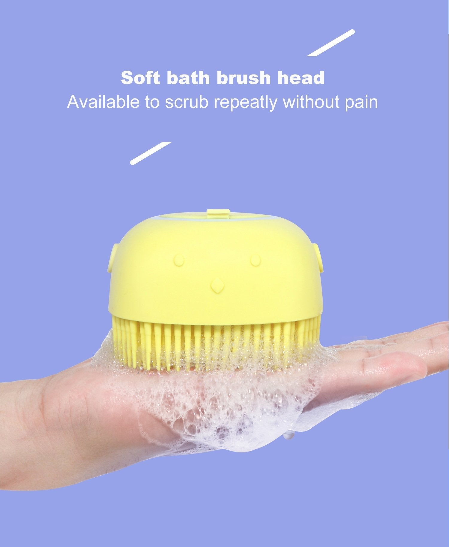 Close-up of silicone massage bristles on bath body brush with shampoo holder.