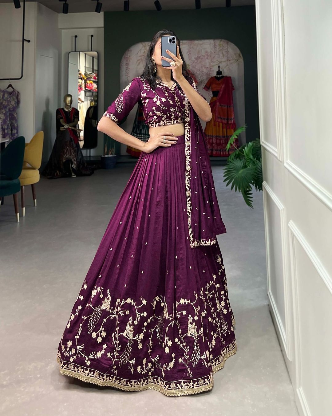 Vichitra Silk Sequins and Thread Embroidery Work Lehenga