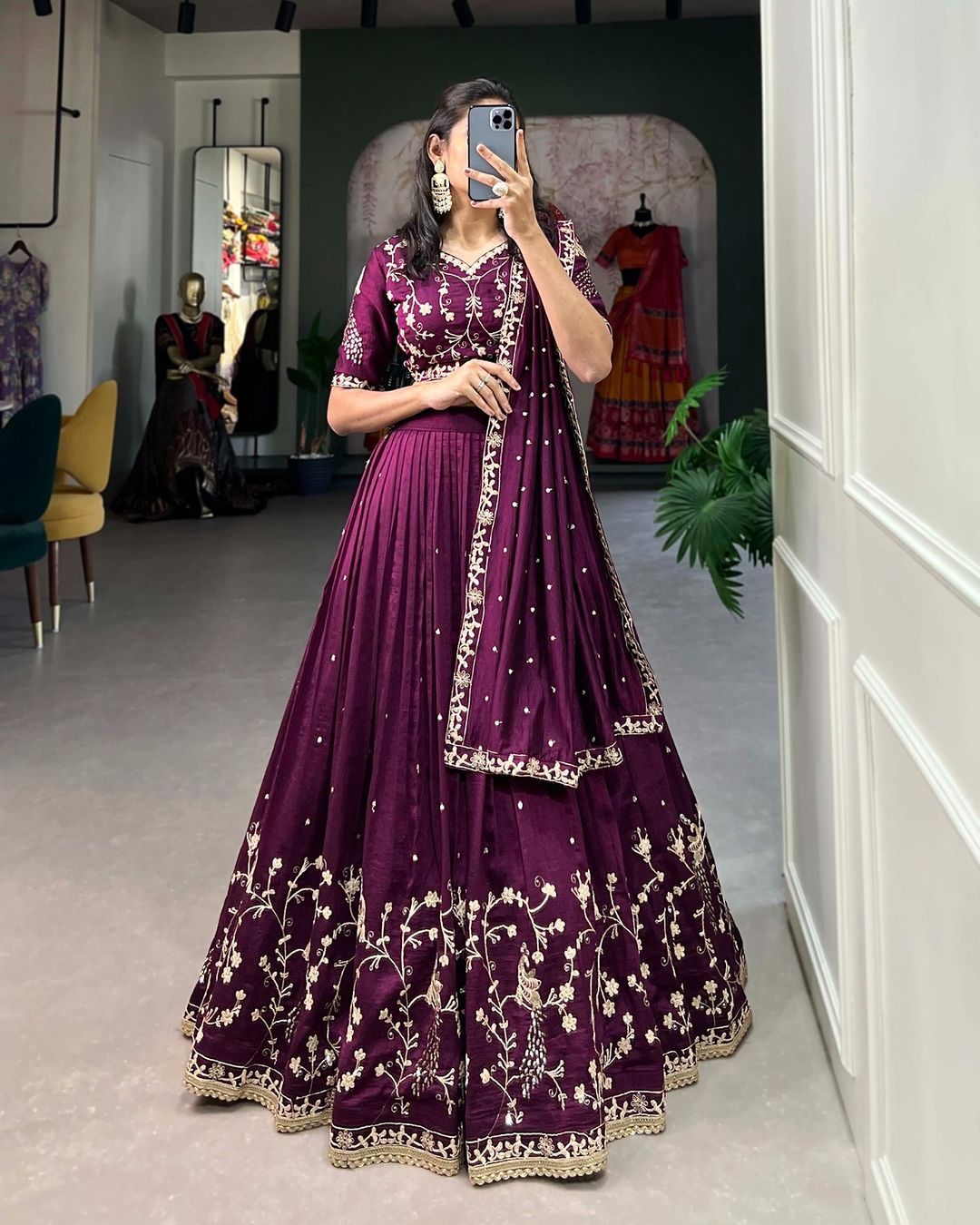 Vichitra Silk Sequins and Thread Embroidery Work Lehenga