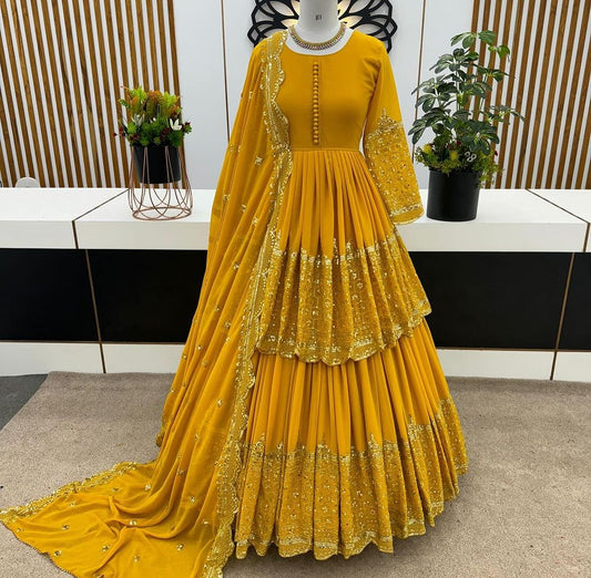 Faux Georgette With Embroidery Sequence Work Yellow Lehenga