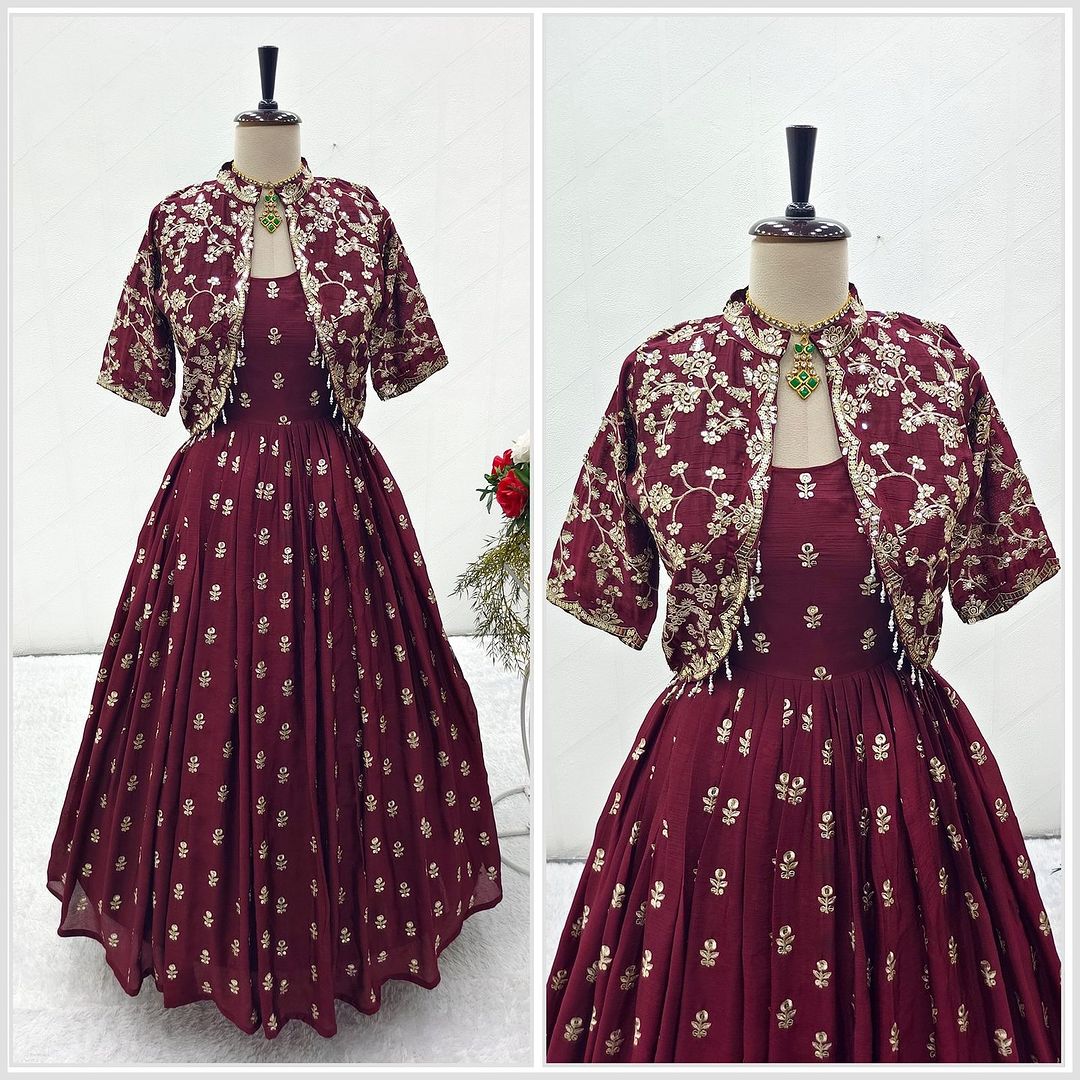 New Maroon Design Cinon Gown-Jecket Set